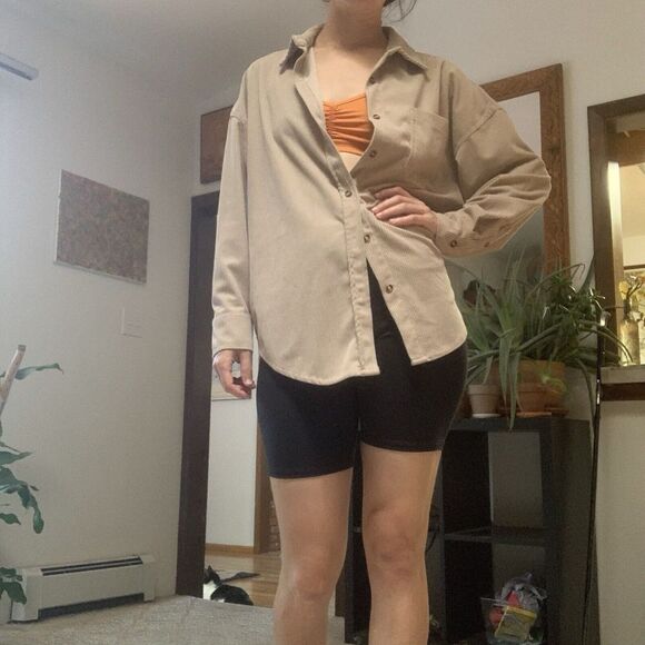 No Brand (M/L) Courderoy Beige Button Up - Casual Hip Longsleeve Warm Top Blouse - Picture 1 of 6